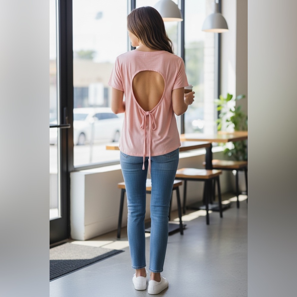 (ON FIRE) backless T shirt Pink Top with Back Tie Detail